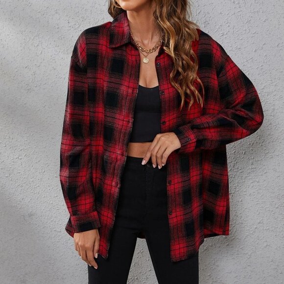 Red Casual Womens Plaid Print Drop Shoulder Shirt - Picture 4 of 5